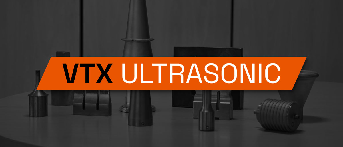 Gama de componentes VTX Ultrasonic: sonotrodos, transductores y accesorios para soldadura por ultrasonidos industrial.